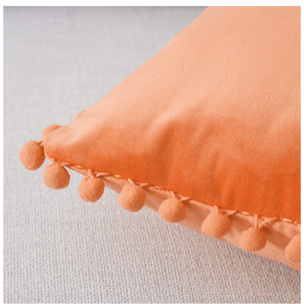Retro Orange Modern Farmhouse Adorable Preppy Trendy Pompom Throw Pillow Cover - Picture 4 of 16